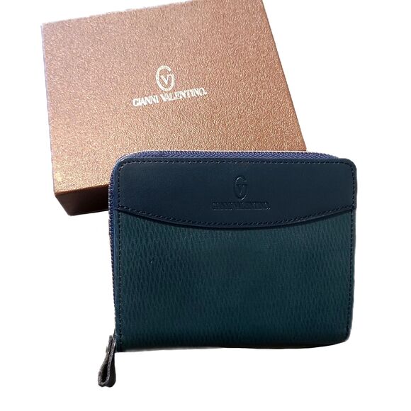 Gianni Valentino NEW Green & Blue Leather Bi-Fold Zippy Wallet w/ Box VTG Y2K - Picture 1 of 13